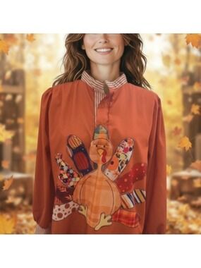 BETTY Thanksgiving Orange Fall Autumn Turkey Top Blouse Large